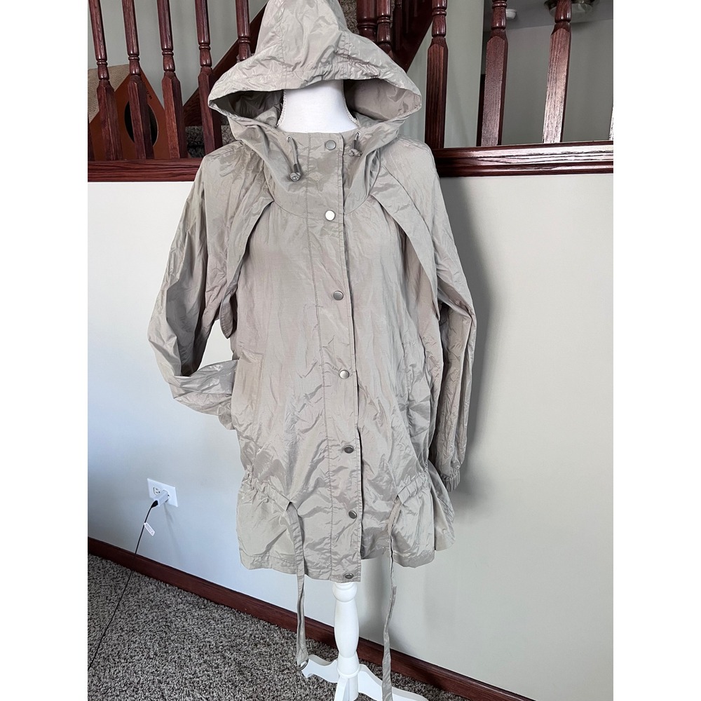 Nine West Womens Hooded Anorak Jacket Taupe Gray Metallic Snap Front Size Large